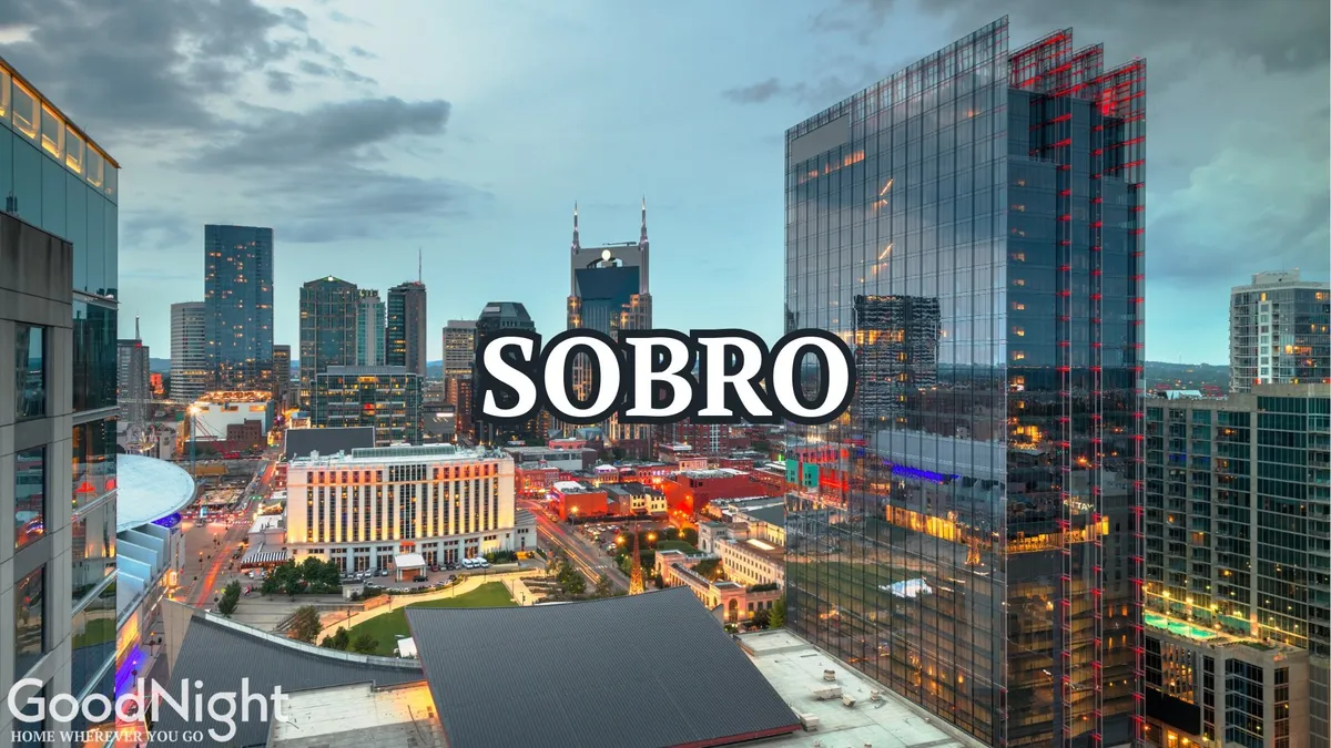 A panoramic nighttime view of Nashville’s skyscrapers illuminated against the sky, with city lights creating a sense of excitement and vibrancy. The photo includes the bustling urban core where nightlife thrives, hinting at the endless options for exploration.