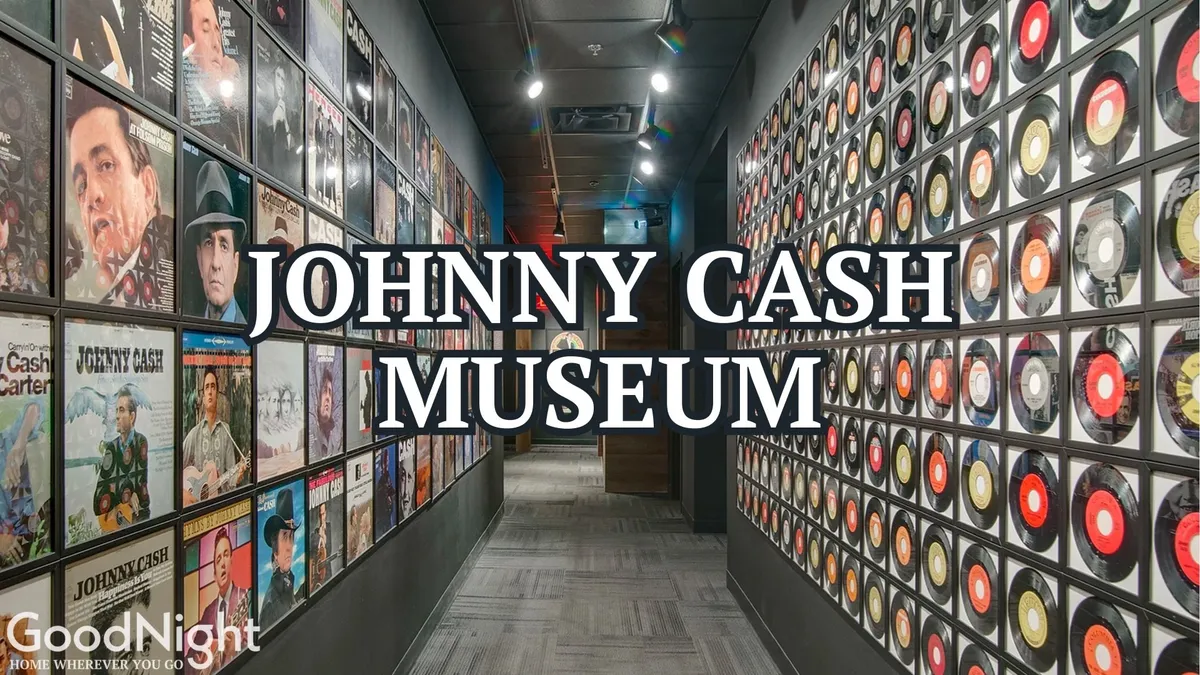 An interior view at the Johnny Cash Museum, walls adorned with framed album covers and vintage vinyl records, inviting visitors to explore Nashville’s rich musical heritage.