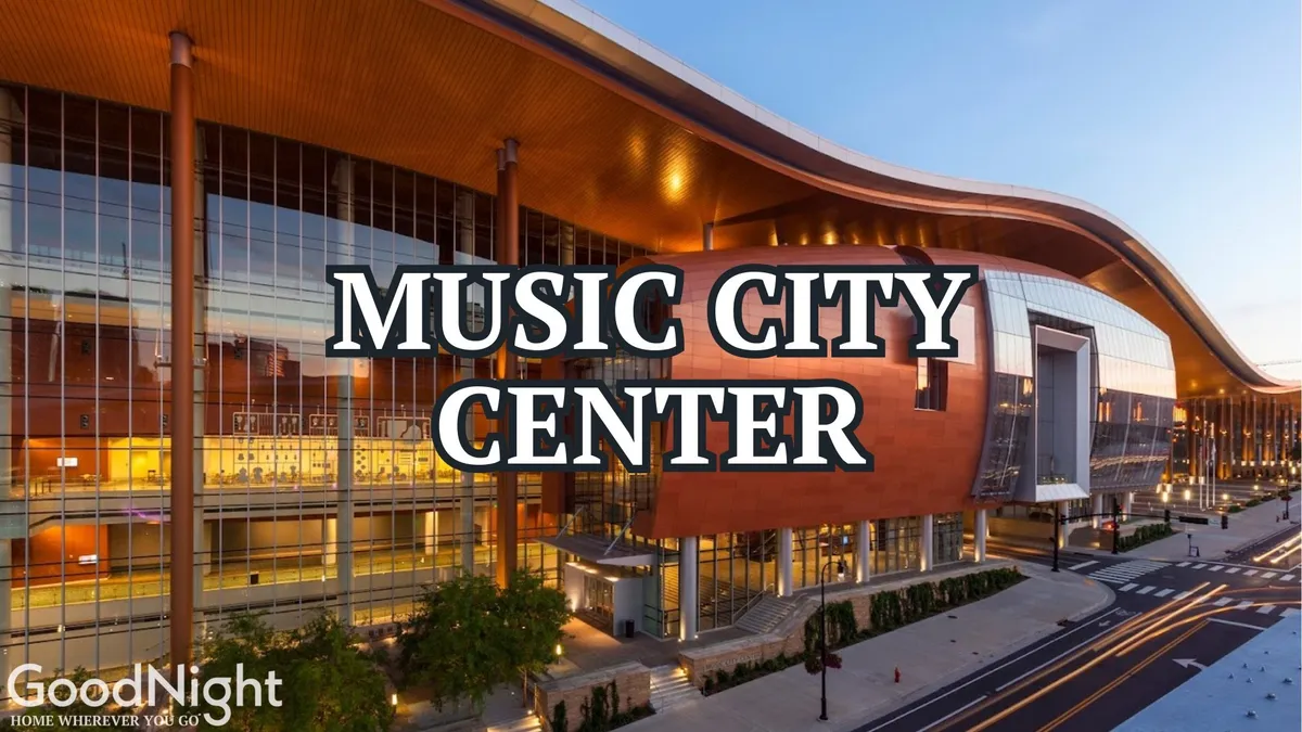 A striking exterior of the Music City Center with its signature curved roof, wide glass windows, and bustling energy surrounding the convention venue.